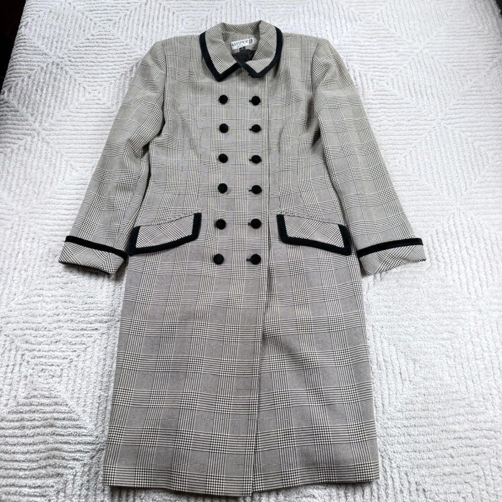 Kasper ASL Dress Coat Womens 4 Grey Plaid 90s Preppy Longline Vintage Mod Chic